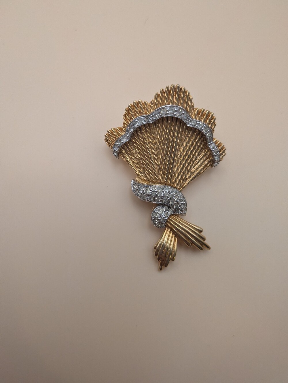 Vintage Polcini Gold Tone Abstract Wheat Sheaf Brooch with Rhinestone Accents